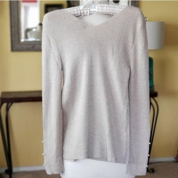 NWT Ann Taylor Metallic Shimmer Pearlized Slit Cuff Sweater LP - Picture 5 of 7